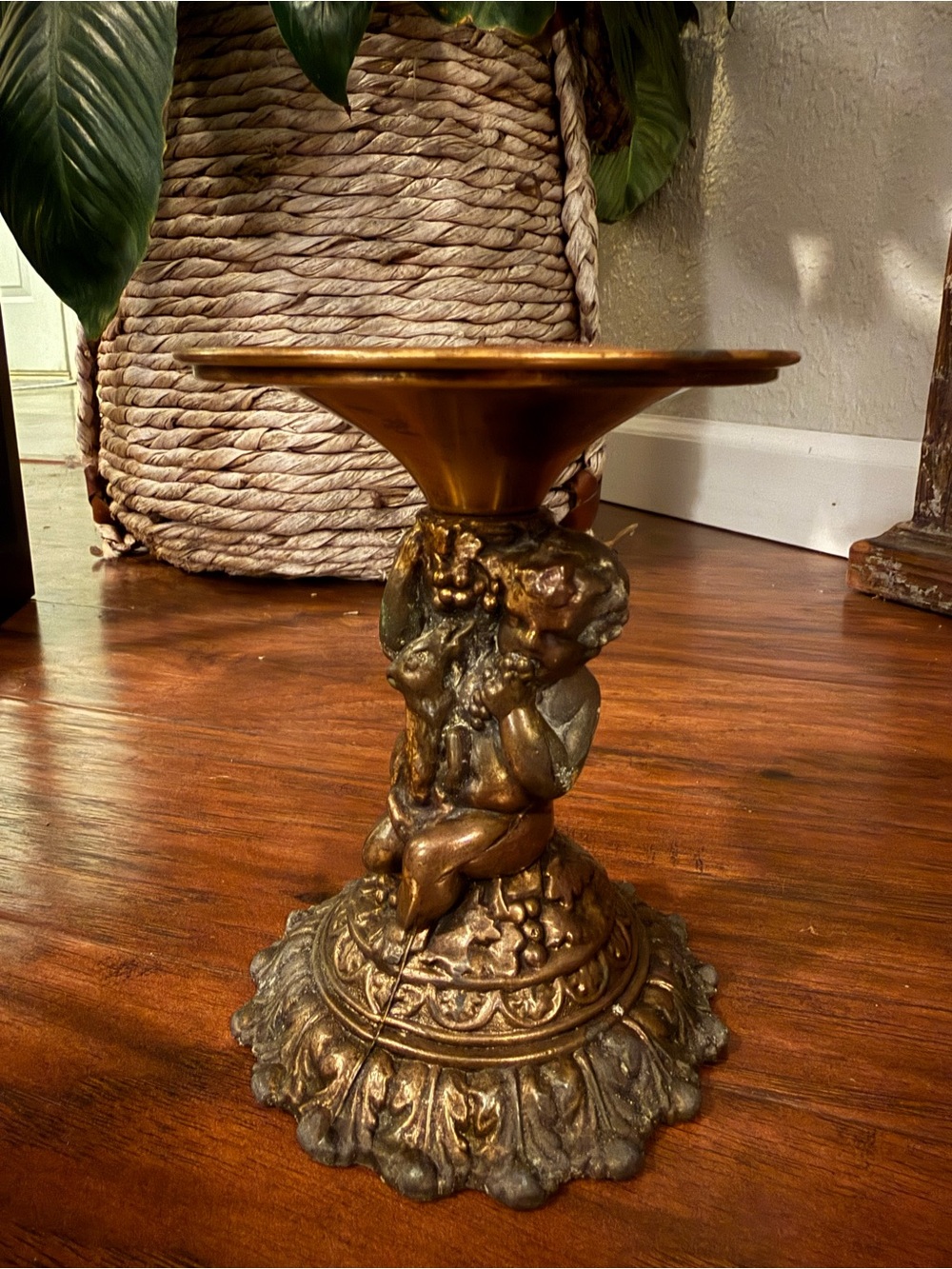 Vintage Cherub Figural Brass Tone Pedestal  Candle Holder Hollywood Regency